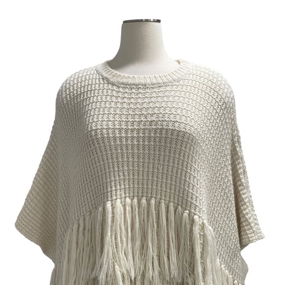 Listicle Boho Fringe Knit Poncho Sweater Large Cream Oversized Waffle Knit Cozy - Picture 4 of 8